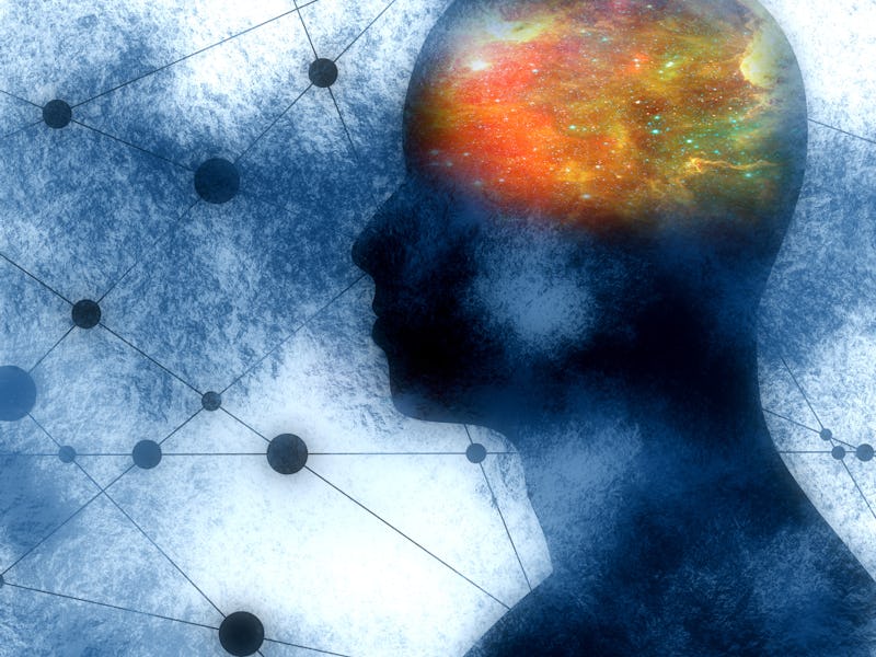 Silhouette of a man's head. Mental health relative brochure, report design. Scientific medical desig...