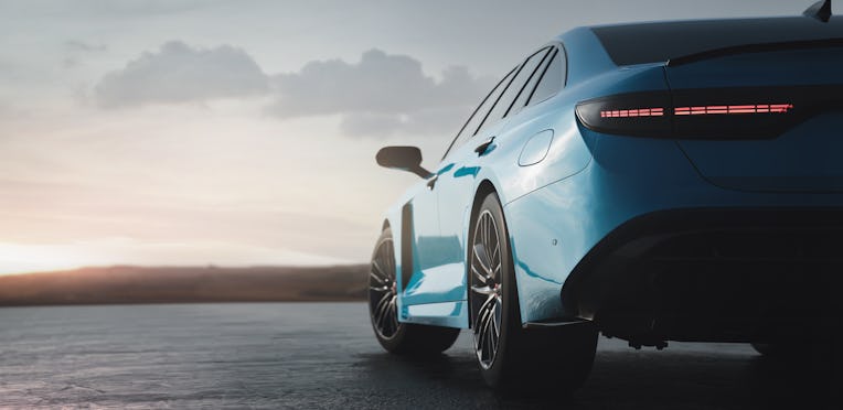 Luxury sedan car sunset scene (non-existent car design, full generic) tail lights detail - 3d illust...