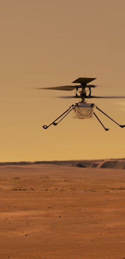 Ingenuity Mars Helicopter in Flight. Elements of image furnished by NASA.