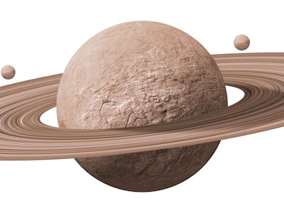 saturn planets in deep space with rings and moons surrounded. isolated with clipping path on white ...