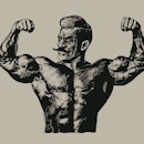 Bodybuilder with a mustache. Retro Engraving Linocut Style. Vector Illustration.