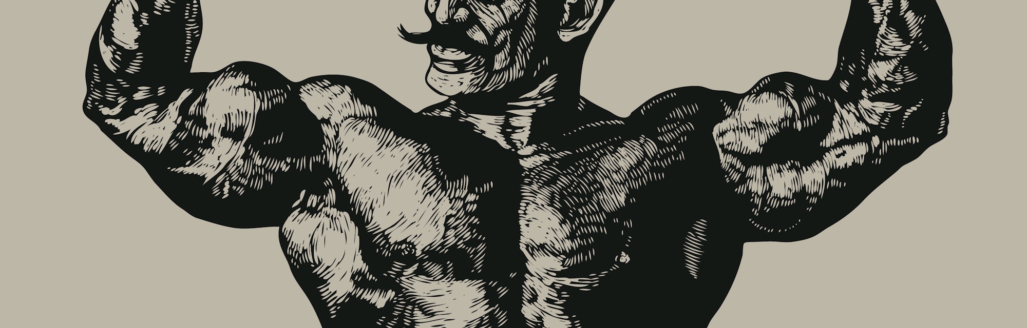 Bodybuilder with a mustache. Retro Engraving Linocut Style. Vector Illustration.
