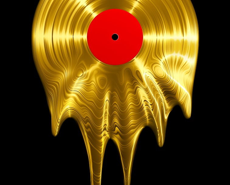 Melting gold vinyl record / 3D render of vinyl record melting