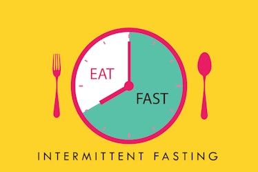 Intermittent fasting concept, clock with eating and fasting hours. Intermittent Fasting often use fo...