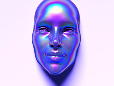 Abstract 3D render illustration of holographic human face in the wall, robotic head made of glossy i...