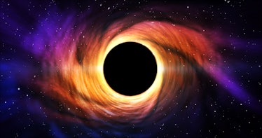 Black hole space. Star with matter cloud swirl ring and energy jets. Vortex in galaxy center around ...
