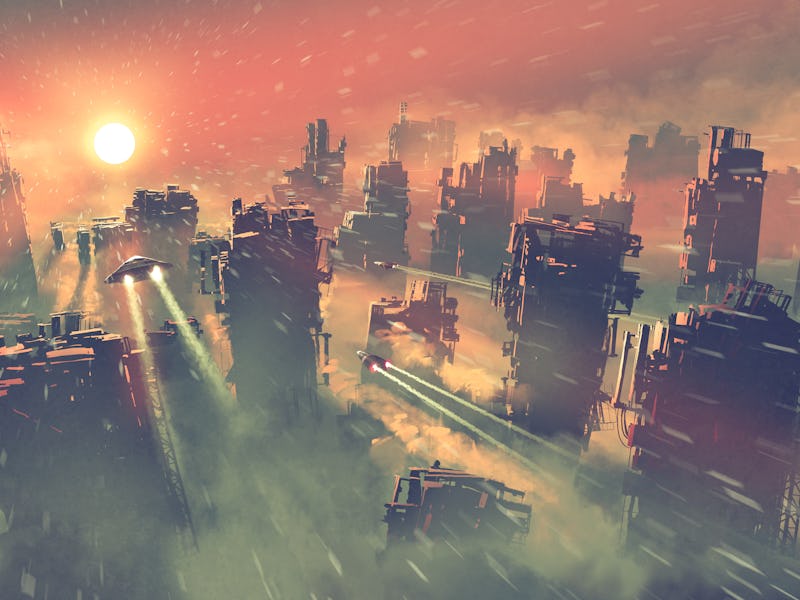 post apocalypse scenery showing of spaceships flying above abandoned skyscrapers, digital art style,...