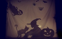 Fabulous shadow little witch of a pumpkin with a cat and a Ghost is the perfect backdrop for telling...