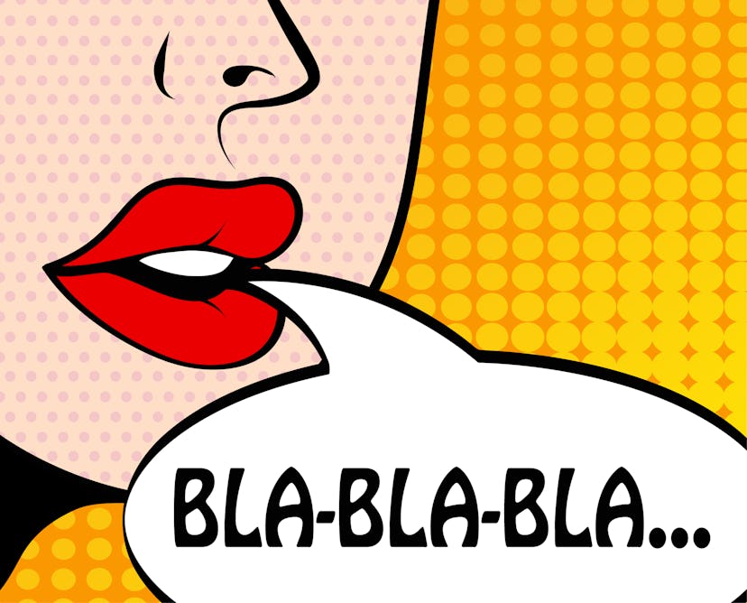 Pop art retro style comic book panel with girl talking nonsense small talk chatter in speech bubble ...