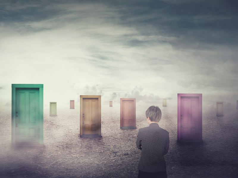 Businesswoman in front of many different doors choosing one. Difficult decision, important choice co...