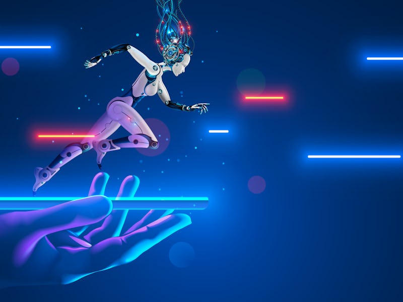 AI Robot cyborg running on screen smartphone in hand. Cybernetic girl accelerates in cyberspace. Art...
