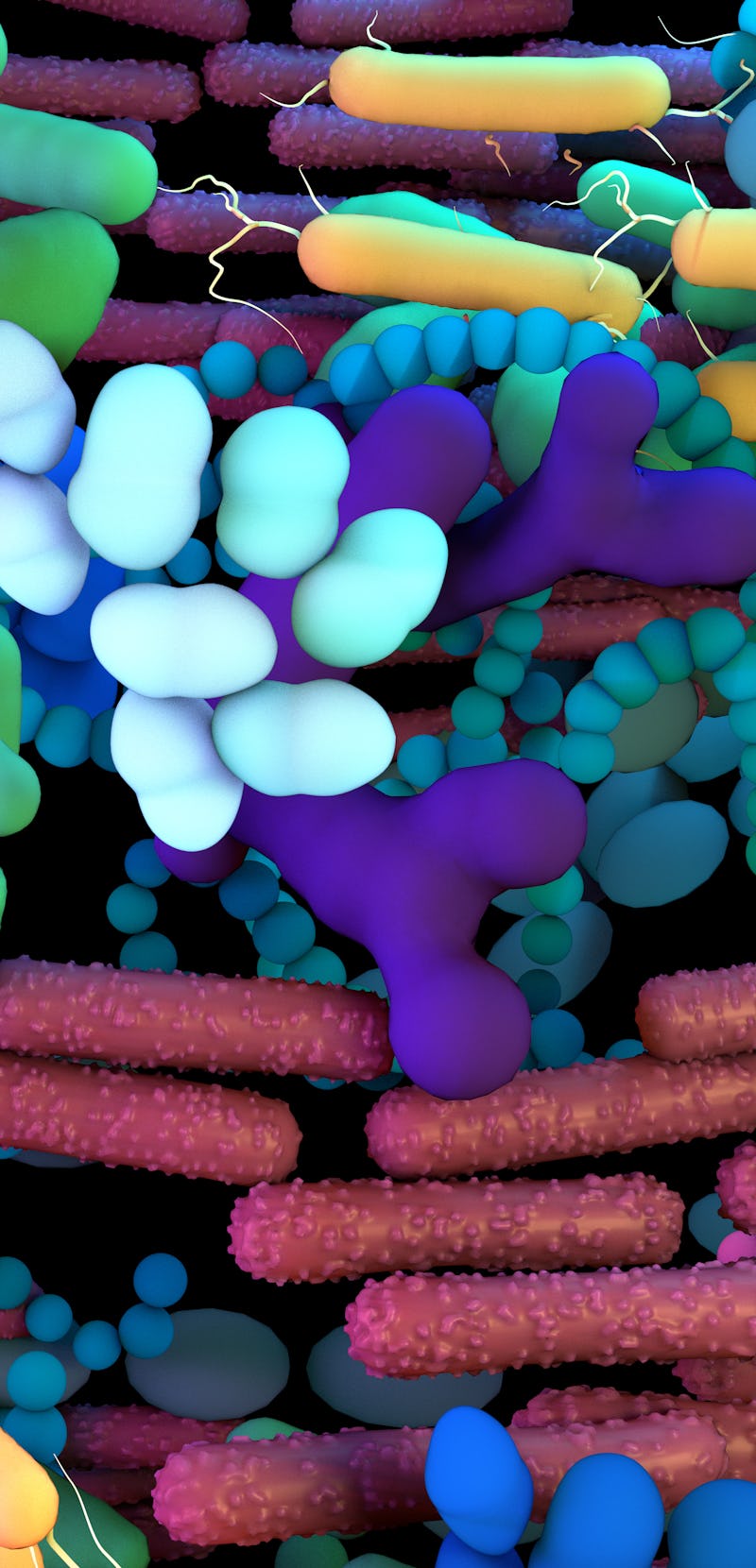 The genetic material of all the microbes that live on and inside the human body in a 3D illustration