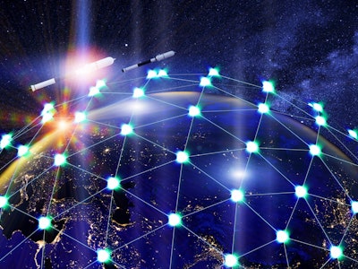 A network of linked satellites orbiting the earth. Global satellite internet service concept.3d ill...