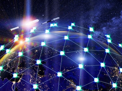 A network of linked satellites orbiting the earth. Global satellite internet service concept.
3d ill...