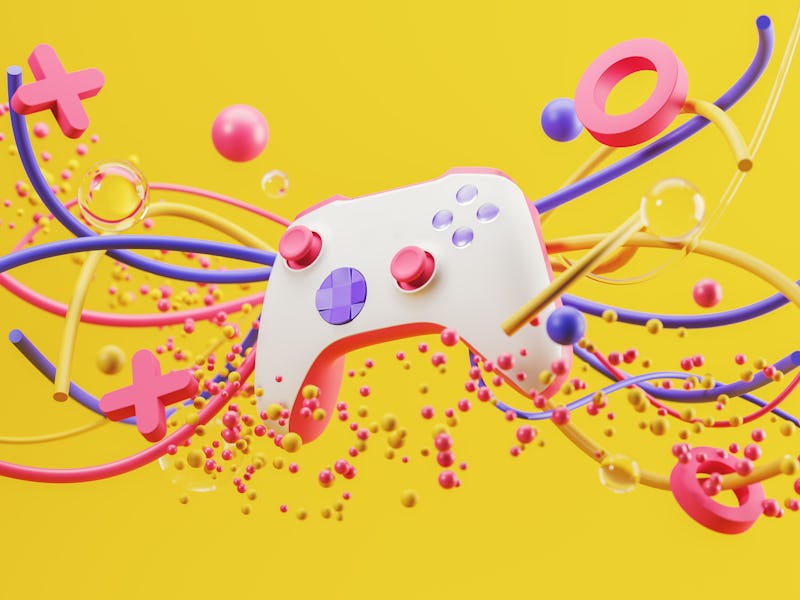 White standard game controller, joystick, gamepad on a yellow background with abstract geometric sha...