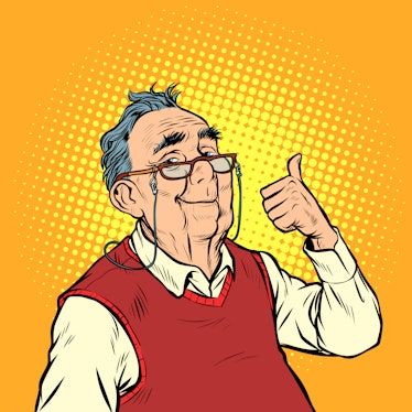 joyful elderly man with glasses thumb up like. Pop art retro vector illustration vintage kitsch
