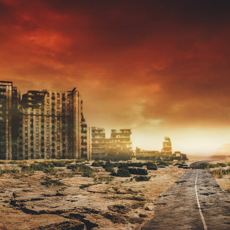 Post apocalyptic background image of desert city wasteland with abandoned and destroyed buildings, c...
