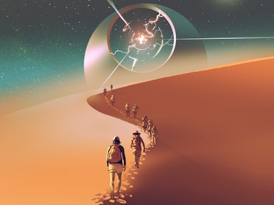 people walking through a desert to the mysterious building, digital art style, illustration painting