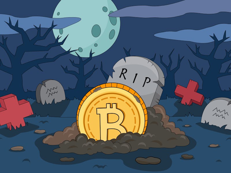 Bitcoin crash cartoon illustration. Bitcoin death gravestone. The collapse of the price of bitcoin. ...