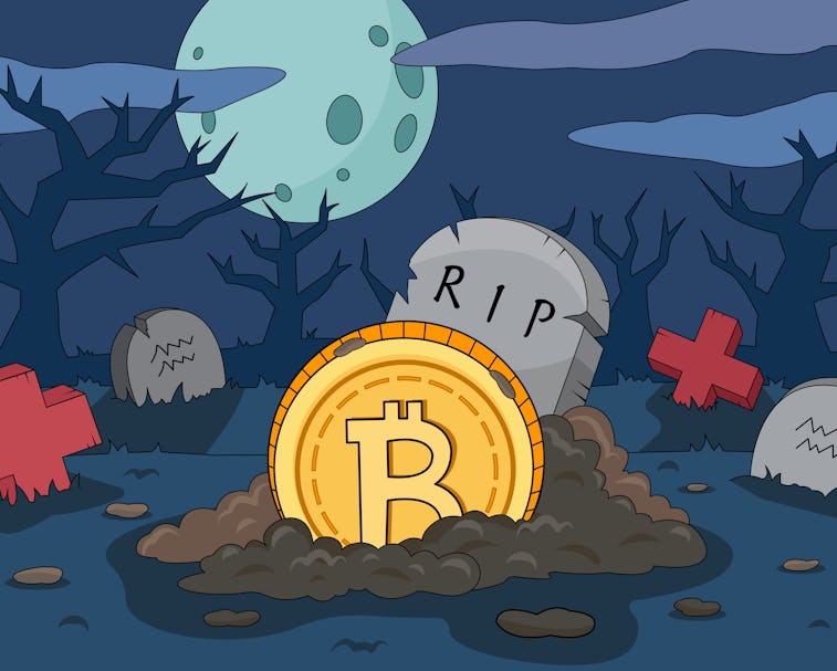 Bitcoin crash cartoon illustration. Bitcoin death gravestone. The collapse of the price of bitcoin. ...