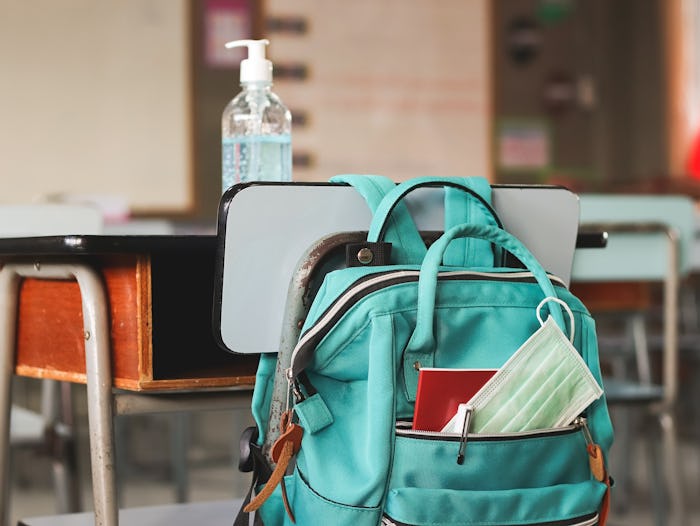 COVID-19 prevention , back to school and new normal concept.School backpack with school supplies ...