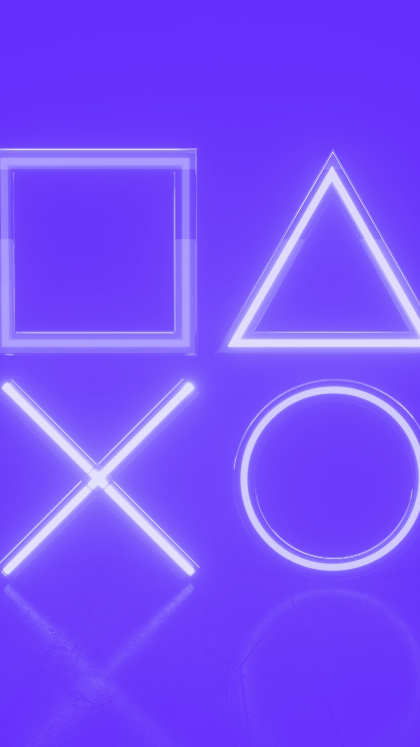 Geometry Neon lights in the room with Modern Blue Ambient lights background. Game symbols playstatio...