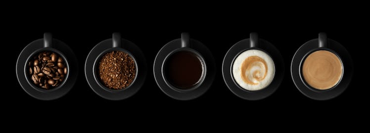 Five black cups with coffee and saucers on black background. Coffee beans, ground coffee, espresso, ...