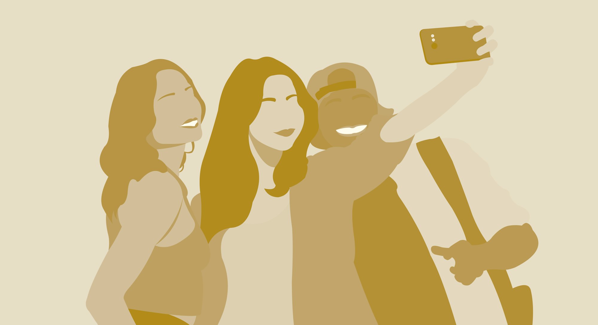 Group of female and male taking selfie together using smartphone camera. Friendship selfie. Girls an...