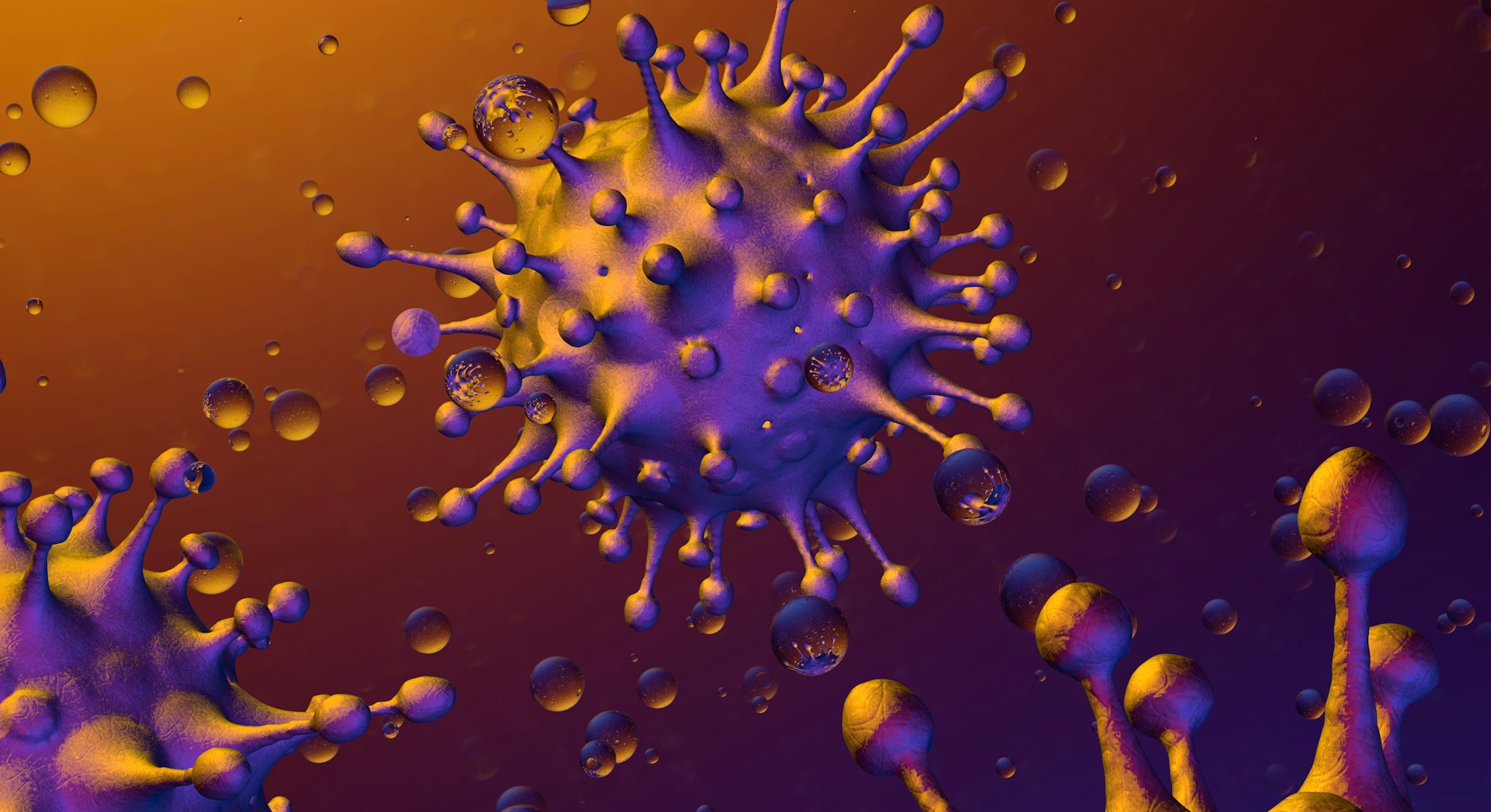 Microscopic view of infectious SARS-CoV-2 virus cells. Coronavirus disease COVID-19 outbreak. 3D ren...