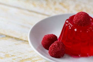 Red Cherry Gelatin Dessert Homemade on cakestand