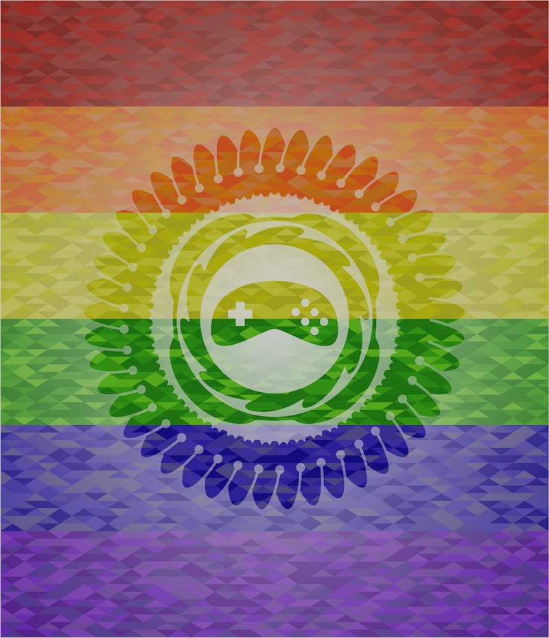 video game icon on mosaic background with the colors of the LGBT flag