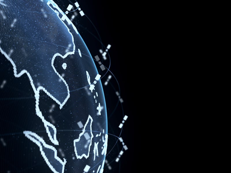 Digital earth data globe - abstract 3D rendering satellites starlink video network connection the wo...