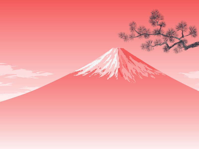 New Year's cards postcard template of red Fuzi and pine tree.