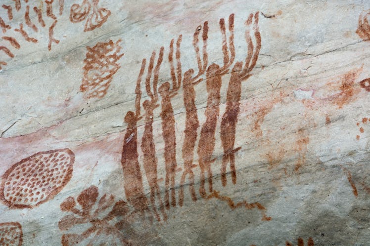 Detail of the paintings on a rock in "La Lindosa", Guaviare. Primitive art on red pigments over a wh...