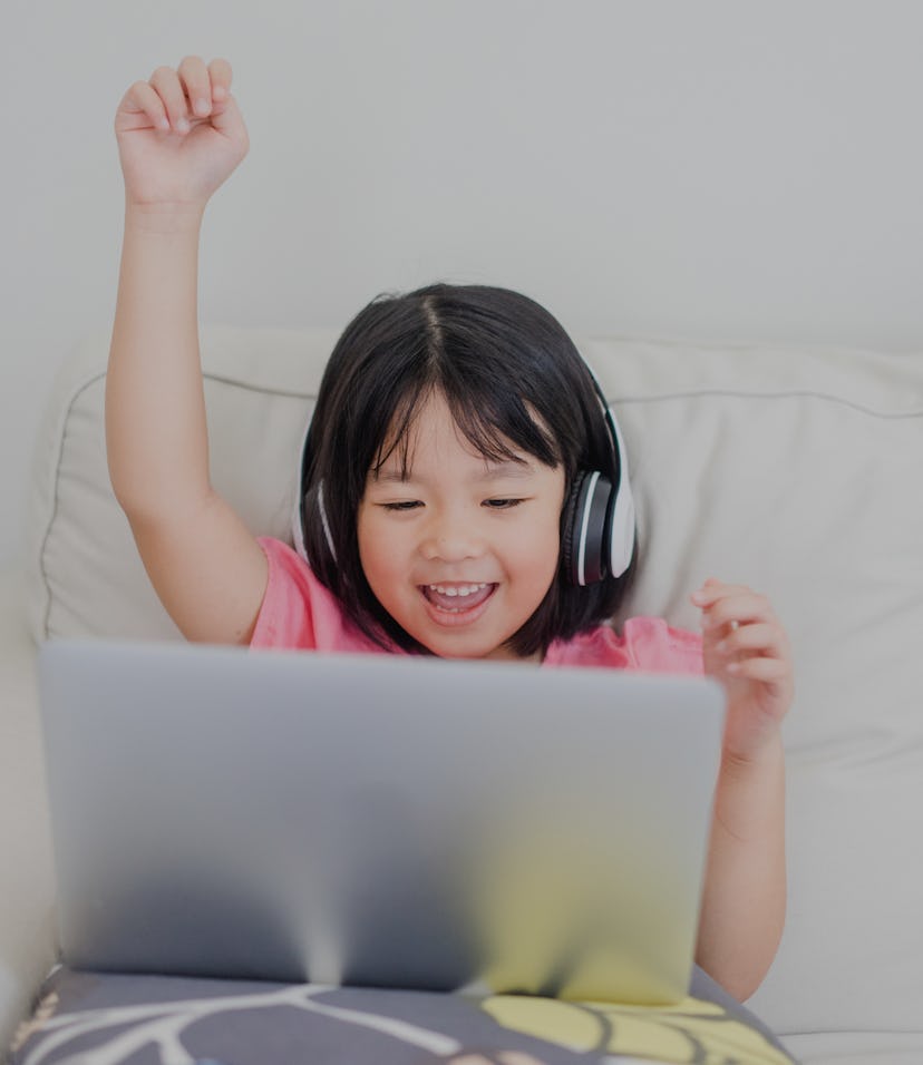 Covid-19 Coronavirus and Learning from home, Home school concept.Little asian girl talking and raise...