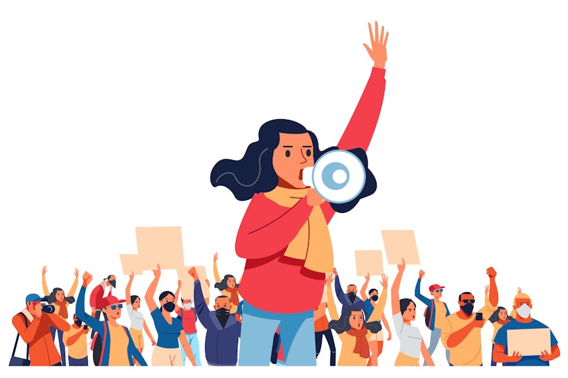Illustration of a young woman shouting through a megaphone with protesters in the background