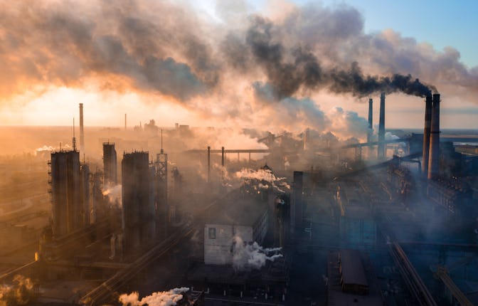 industry metallurgical plant dawn smoke smog emissions bad ecology aerial photography