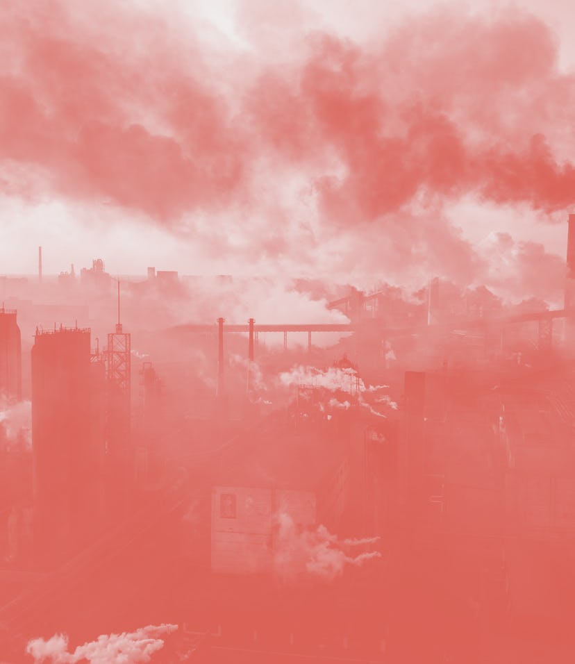 industry metallurgical plant dawn smoke smog emissions bad ecology aerial photography