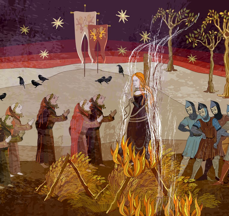 Medieval scene. Inquisition. Burning witches. Middle Ages parchment style. Joan of Arc (Jeanne d'Arc...