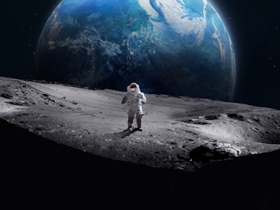 Astronaut on the surface of Moon. Planet Earth on the background. Apollo space program. Elements of ...