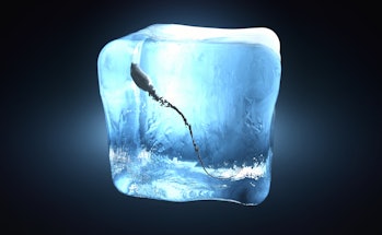 3d illustration of a sperm cell frozen into ice cube