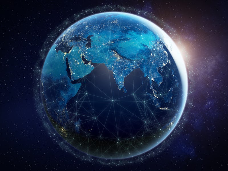 Internet network for fast data exchange around planet Earth from space, global telecommunication sat...