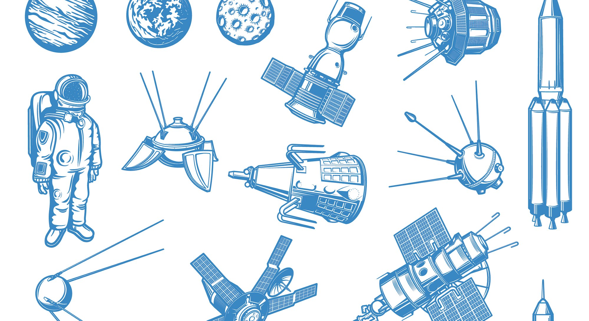 Space exploration, galaxy research spacecraft and satellites icons set. Astronaut in spacesuit, arti...