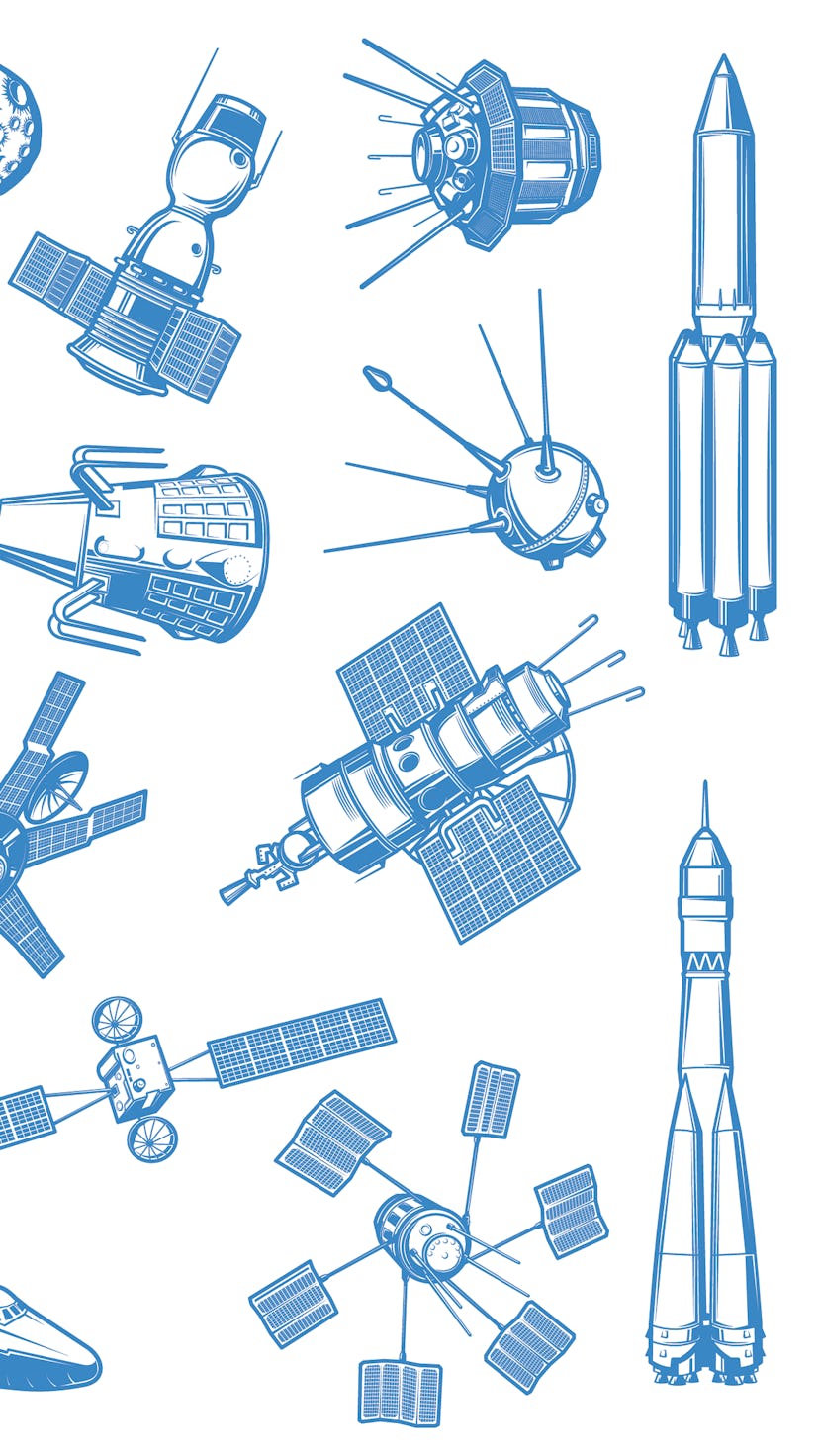 Space exploration, galaxy research spacecraft and satellites icons set. Astronaut in spacesuit, arti...