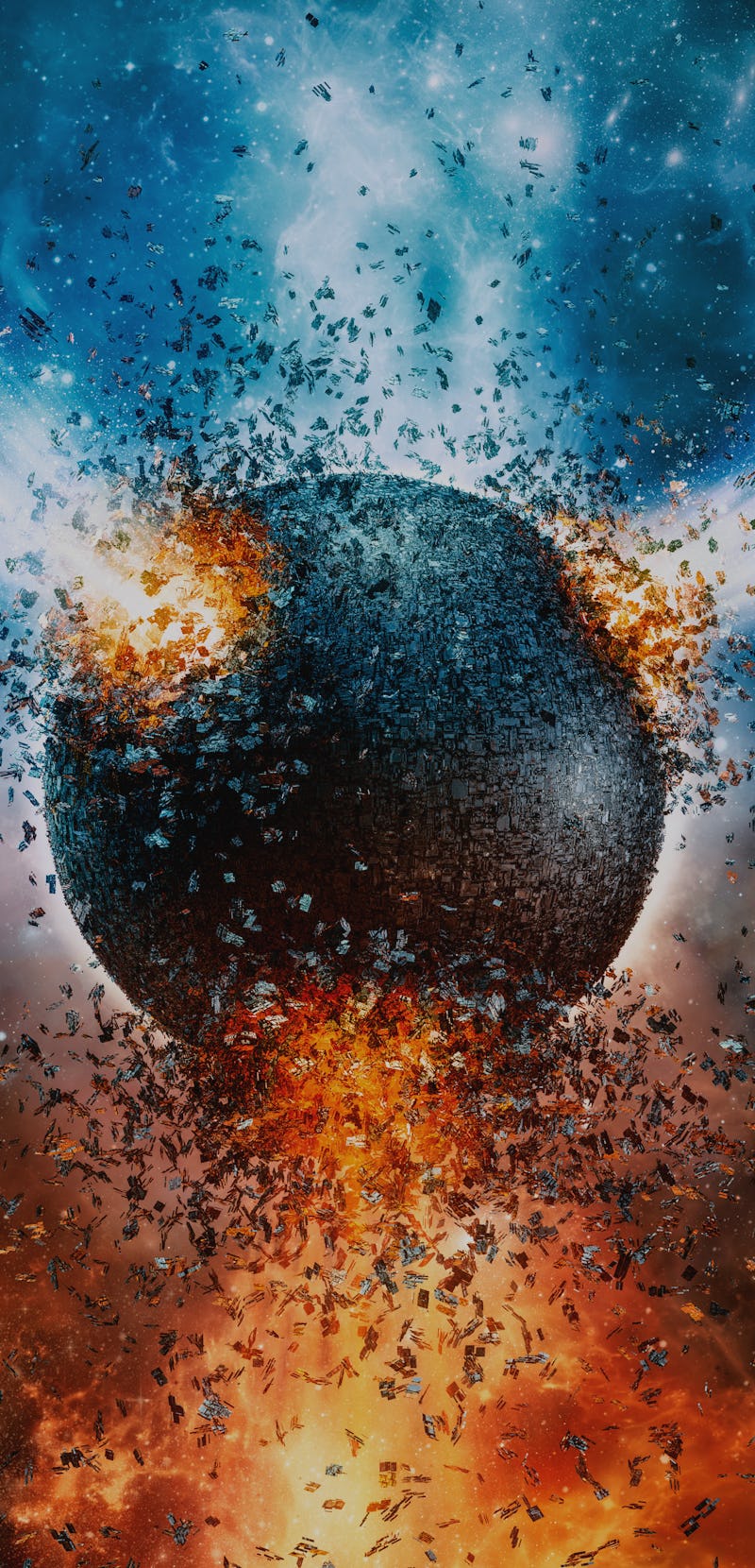 Near orbit incident / 3D illustration of exploding artificial moon space station