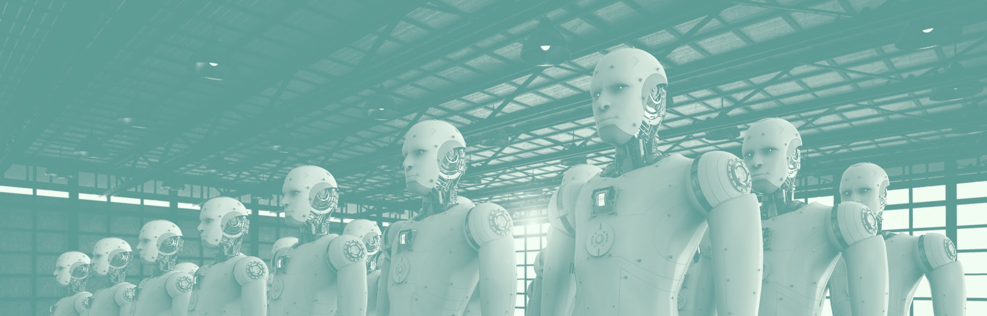 3d rendering robot army or group of cyborgs in factory