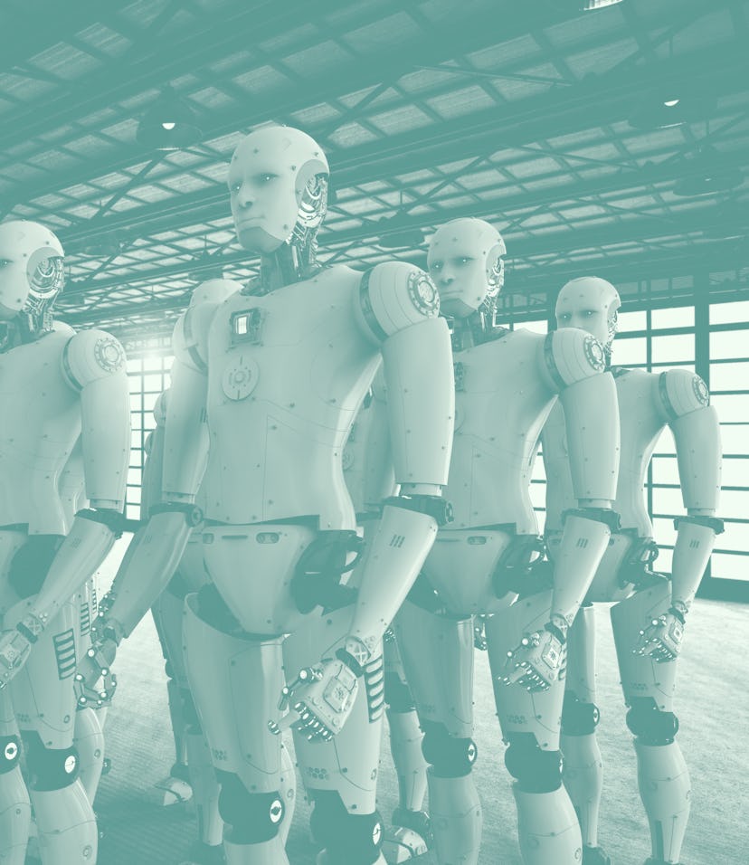 3d rendering robot army or group of cyborgs in factory