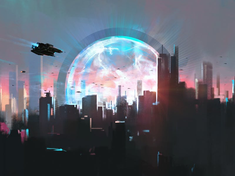Space-time shuttle device in the city, 3D illustration