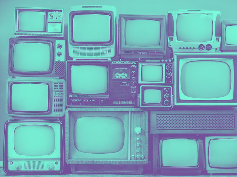 Retro TV receivers set from circa 60s, 70s and 80s of XX century, old wooden television stand with a...