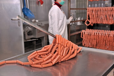 Factory for manufacturing sausages with unrecognizable worker in the background